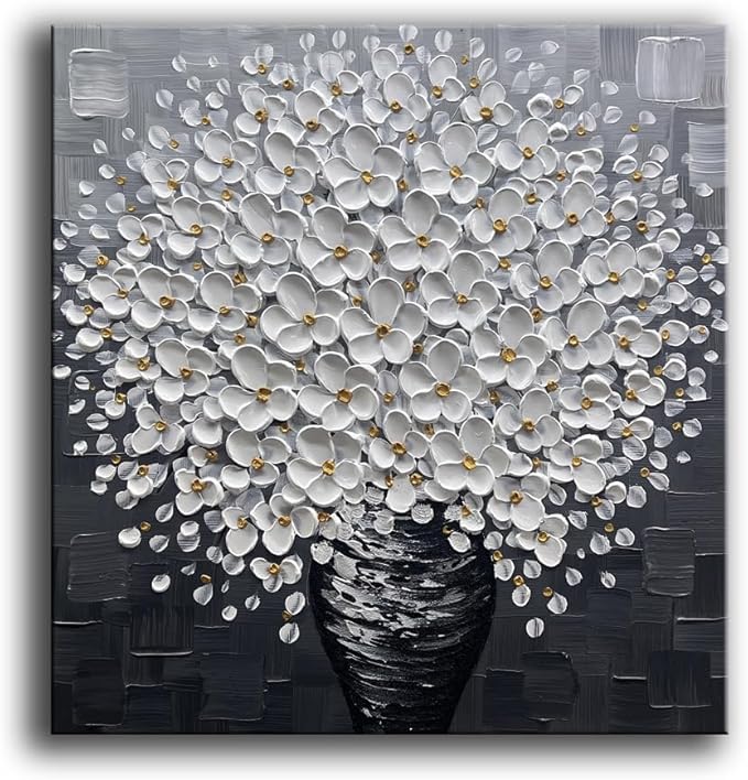 Modern White Floral Wall Art Canvas, 3D Textured Flowers in Black Vase, Hand-Painted Bouquet Painting for Living Room