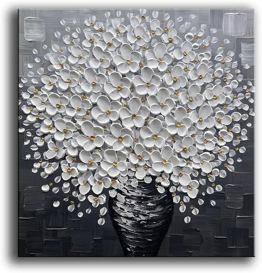 Modern White Floral Wall Art Canvas, 3D Textured Flowers in Black Vase, Hand-Painted Bouquet Painting for Living Room