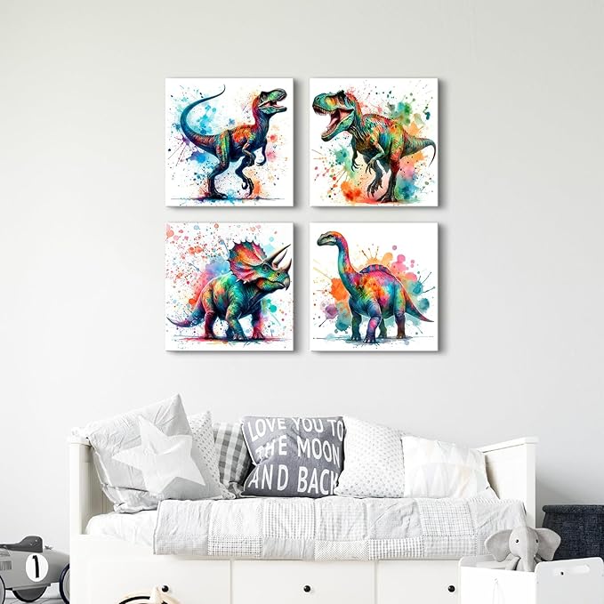Colorful Dinosaur Canvas Wall Art for Boys Watercolor Dinosaur Painting Prints Kids Bedroom Dino Pictures Wall Decor Toddler Nursery Animal Poster Artwork Bathroom Home Decorations 16x16” 4Pcs