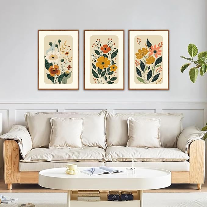 LHIUEM Boho Floral Botanical Framed Canvas Wall Art Set,Abstract Vintage Beige Wall Decor,Minimalist Wildflowers Artwork for Living Room,Bedroom,Dining Room,Office -16"x24"x3