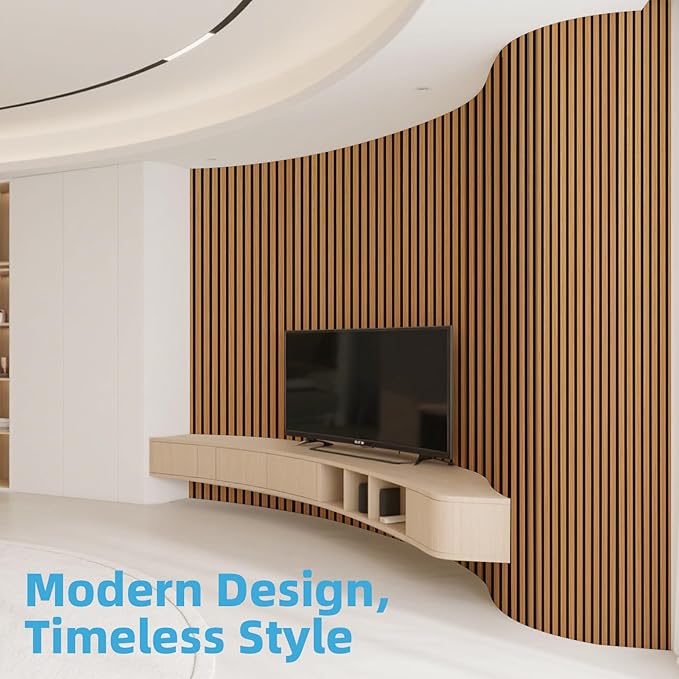 Art3d Acoustic Wood Slat Wall Panel with Roll-Flat Design - 95.3 x 23.8 Inch Sound Absorbing Panels for Living Room Columns Corridor Curved Wall Decor, 1-Pack Teak