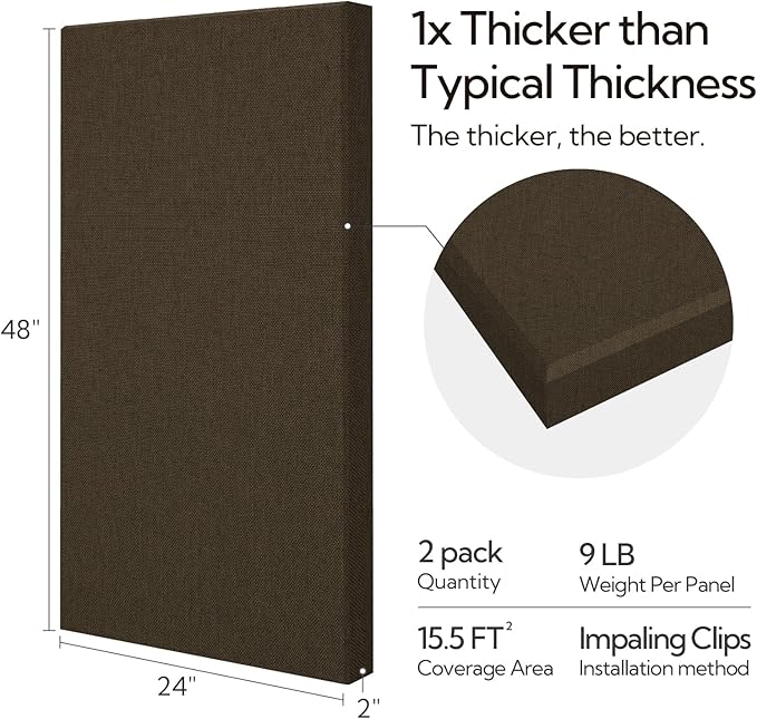 Olanglab Sound Absorbing Acoustic Wall Panels 2 Pack, 2'' 24''x48'' Fiberglass Sound Dampening Panels, Large Fabric Wrapped Sound Proof Panels for Walls (Brown)