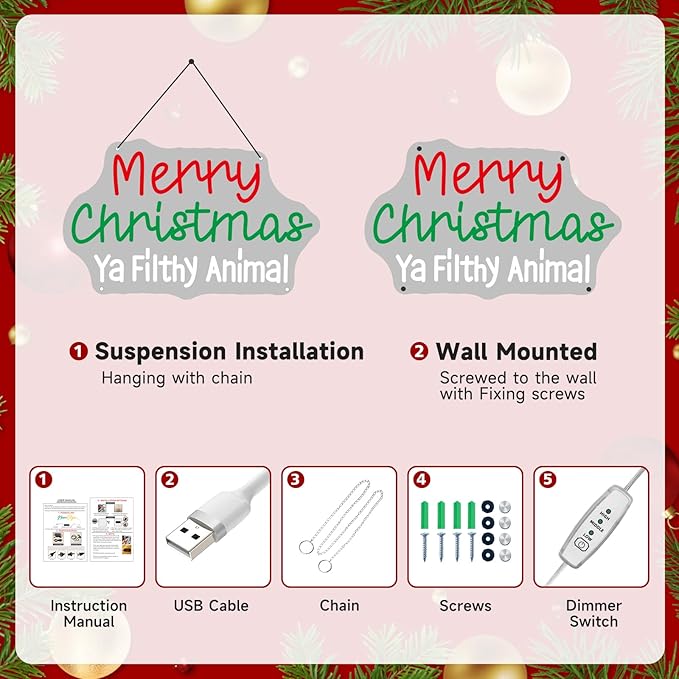 Merry Christmas Ya Filthy Animal Neon Sign Room Decor for Christmas Decoration Xmas USB LED Neon Light Signs 15.8x9.8"