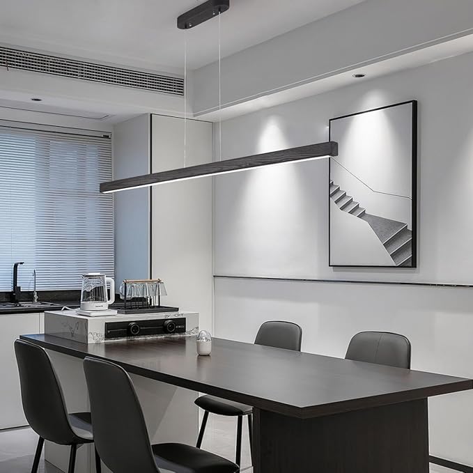 47" Black Linear Pendant Light Wooden Led Linear Pendant Light Fixtures Ceiling Hanging Dimmable Pendant Lights for Dining Room Kitchen Island Pool Table Lights Black Wood Finish