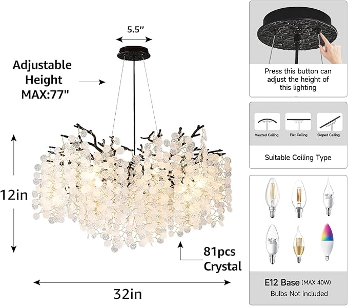 32 Inch Coastal Light Fixture, 10-Light Capiz Shell Chandelier, Modern Black Bedroom Chandeliers, Dining Room Foyer Lighting Fixtures, Boho Chandelier for Living Room Entryway