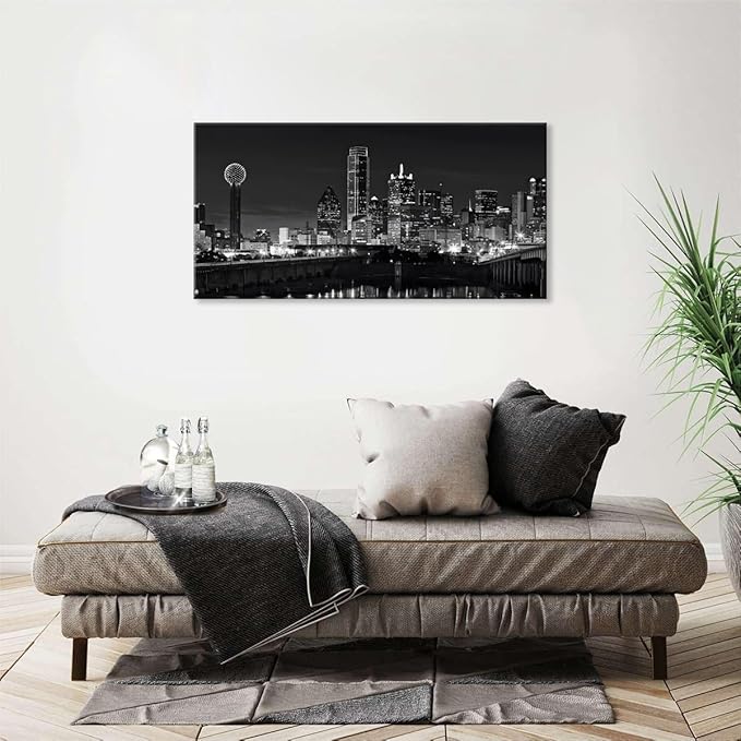 NAN Wind 1 Pcs Dallas Skyline Canvas Wall Art Black White Cityscape Night Scene Modern City Giclee Prints on Canvas Framed Urban Home Decor Skyscrapers Picture Painting for Room Decor