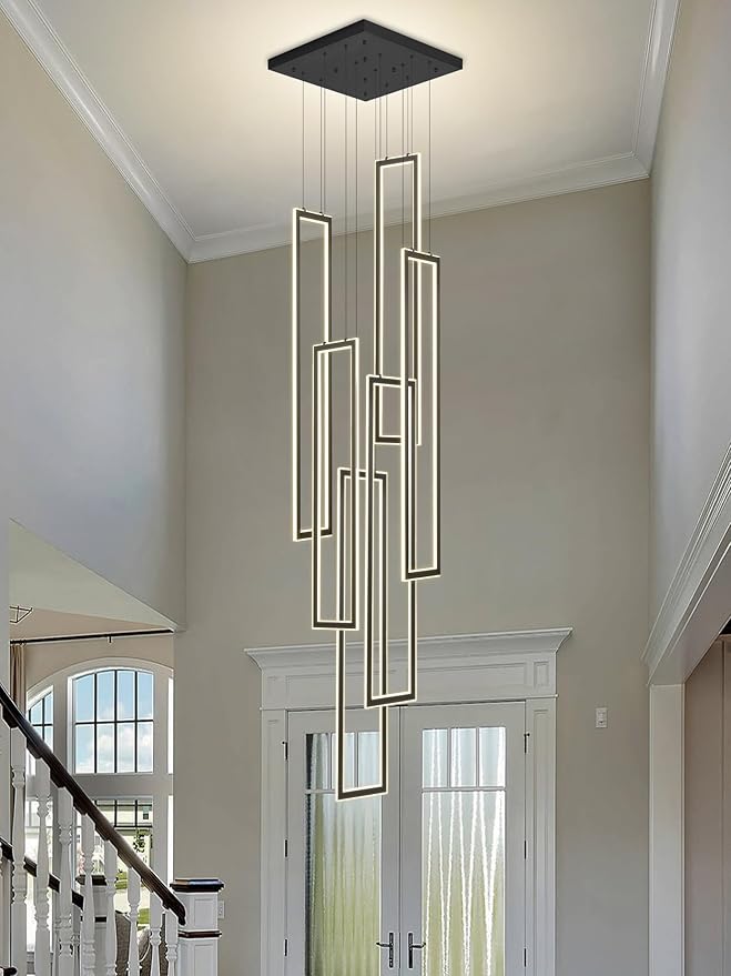 6-Rings Modern Chandelier,H138 Rectangle Chandeliers for Staircase,LED Dimmable High Ceiling Chandeliers Large Contemporary Chandelier for Villa Foyer Black