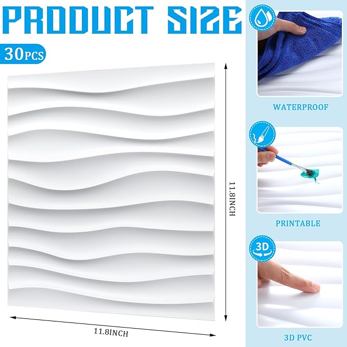 Chunful 30 Pcs 28.81 Sq ft 3D Wall Panels PVC Wave Design,11.8" x 11.8" Wall Panels Brick Wallpaper Waterproof for Interior Living Room Bedroom Decor(White)