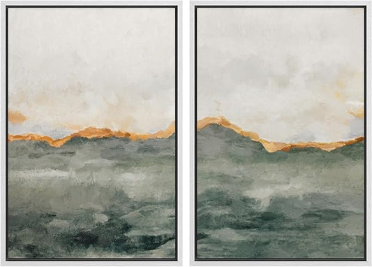 MUDECOR Framed Canvas Print Wall Art Set Gold Gray Pastel Watercolor Stroke Abstract Shapes Illustrations Modern Art Decorative Bohemian Calm for Living Room, Bedroom, Office - 24"x36"x2 White