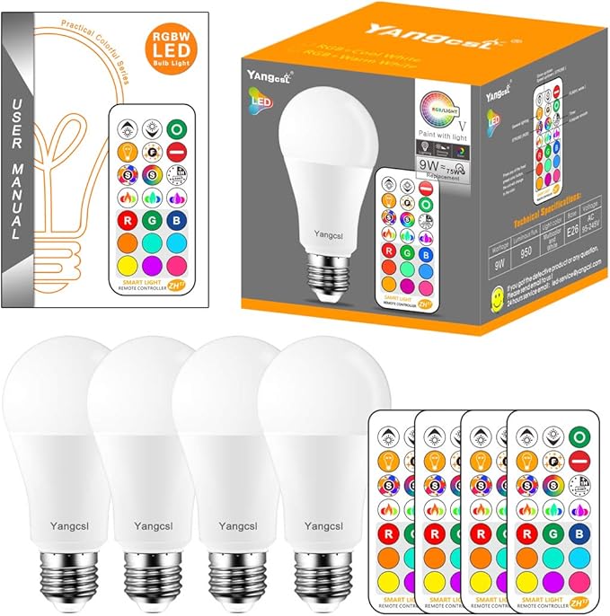 LED Light Bulbs 85W Equivalent 1200lm, RGB Color Changing Light Bulb, 6 Moods - Memory - Sync - Dimmable, A19 E26 Screw Base, Timing Remote Control Included (Pack of 4)
