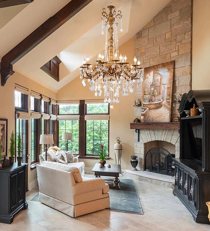 Modern Crystal Chandelier Lighting, Antique Gold Chandeliers for High Ceiling Foyer Entryway Living Room 15-Light Large Crystal Candle Light Fixture Staircase Oversize Round H54 D32