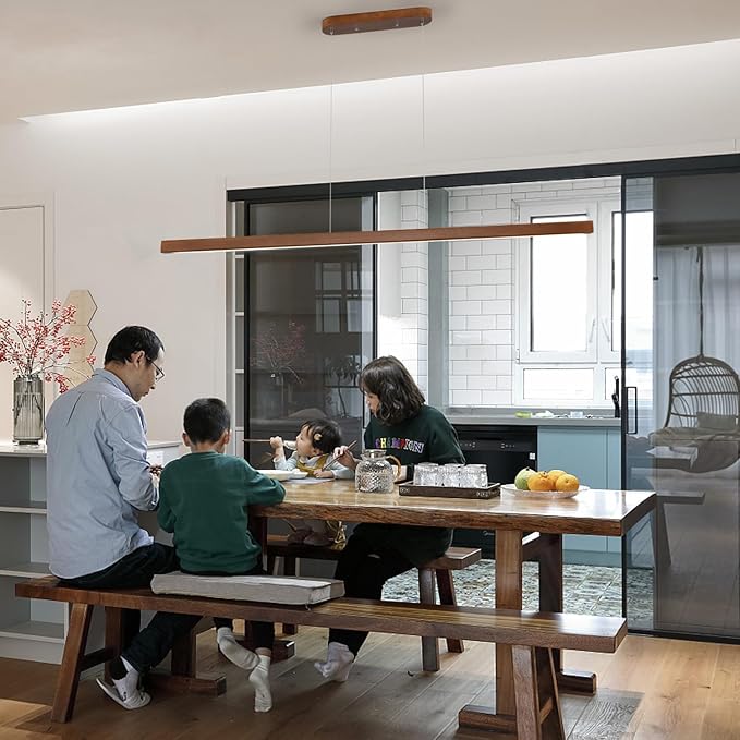 59" Wood Linear Pendant Light Fixtures Modern Led 40w Dimmable Pendant Lighting Kitchen Island Lighting Ceiling Hanging Farmhouse Chandeliers for Dining Room Pool Table Walnut Color