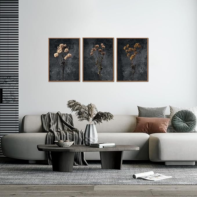 LHIUEM Dark Moody Wildflowers Framed Canvas Wall Art Set of 3(12”X16”) Minimalist Wildflower Wall Decor Vintage Black Flower Botanical Painting Aesthetic Floral Artwork for Living Room Bedroom Office