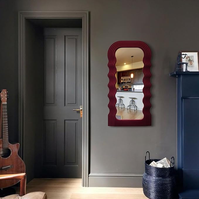 Mirror Wall Decor for Vintage Living Room Bedroom, 14x28 Asymmetrical Decorative Mirror for Entryway Porch Staircase, Retro Modern Hanging Wall Art Gift for Grandma Mom Sister (Wine Red)