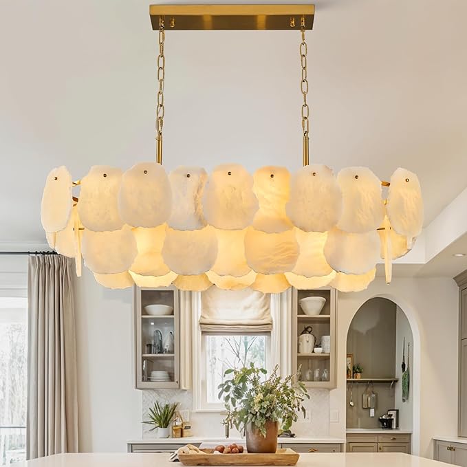 Alabaster Rectangle Chandelier for Dining Room, L39in Modern White Marble Chandeliers, Luxury Natural Spanish Brass Alabaster Chandelier Over Table for Kitchen Island Living Room Dining Table