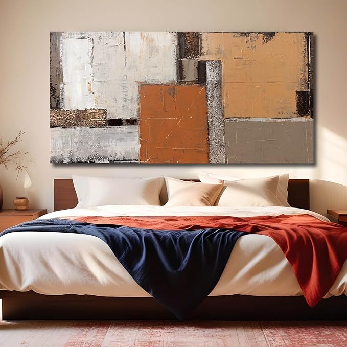 Orange Abstract Canvas Photo Prints Living Room White Artwork Brown Block Painting for Room 29"x 58" Office Wall Art Bedroom Hallway Decor