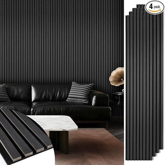 Acoustic Wood Slat Panels 4 Pack 106" x 12.6", Soundproof Wooden Wall Panels, 3D Fluted Panel for Interior Wall Decor, Living Room, Bedroom - Black (Cover Approx. 37 sq.ft)