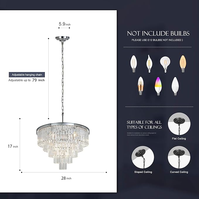 Crystal Chandelier Modern Chandeliers Lighting Pendant Ceiling Light Fixture 5-Tier for Dining Room Living Room Bedroom W28'' Chrome Finished 10 Lights