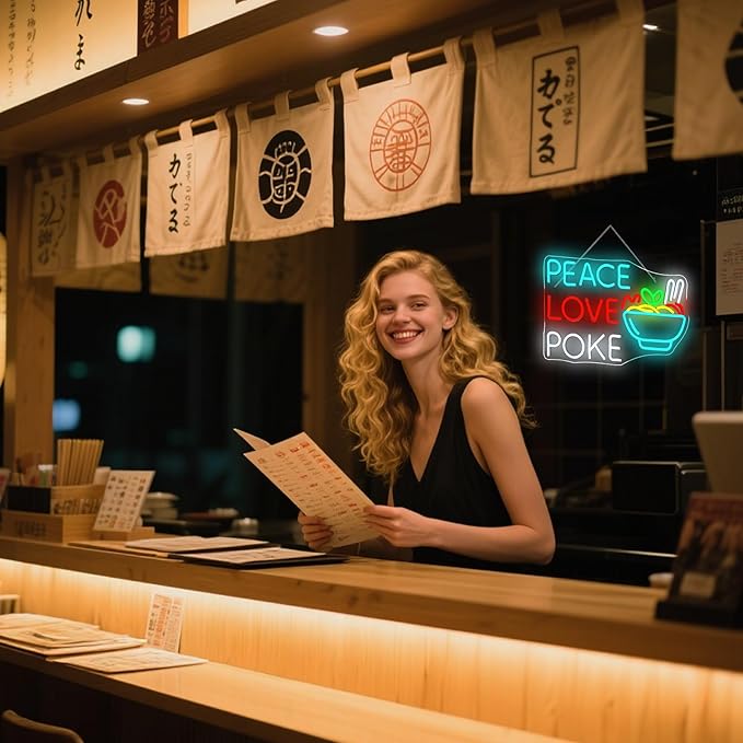 Looklight Peace Love Poke Ramen Neon Sign,Noodles Led Lights Neon Lights for Wall Decor Light Up Signs for Restaurant Kitchen Dinning Room Japanese Noodle Shop