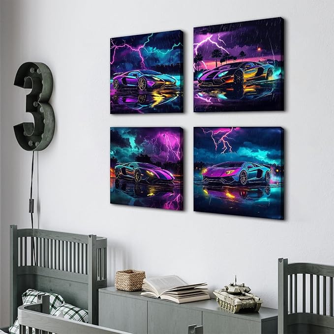 Lamborghini Car Posters Fashion Lightning Landscape Vehicle Pictures Boys Room Decor Modern Black and White City Street Racing Vehicle Prints Painting Guys Dorm Garage Office Home Decoration 16x16" 4P