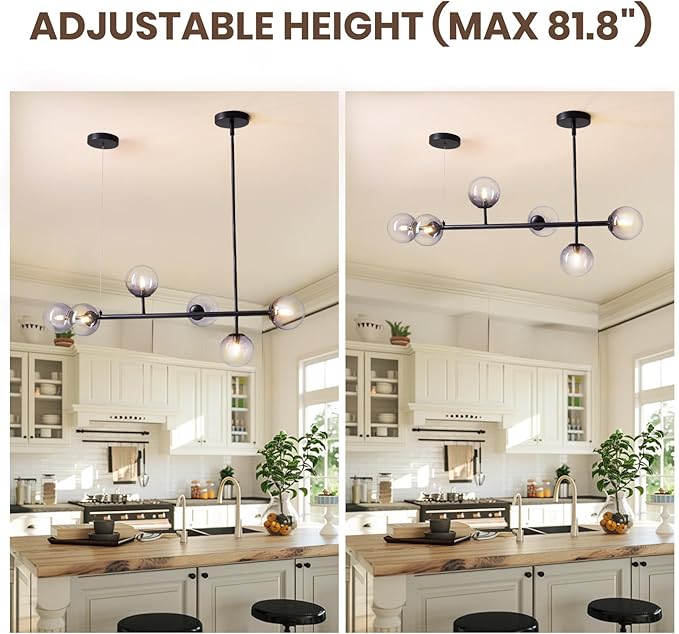 6 Lights Mid Century Modern Globe Chandelier, Black Linear Sputnik Chandelier with Glass Pendant Lights for Dining Room, Kitchen Island, and Living Room (Smoke Gray Glass)