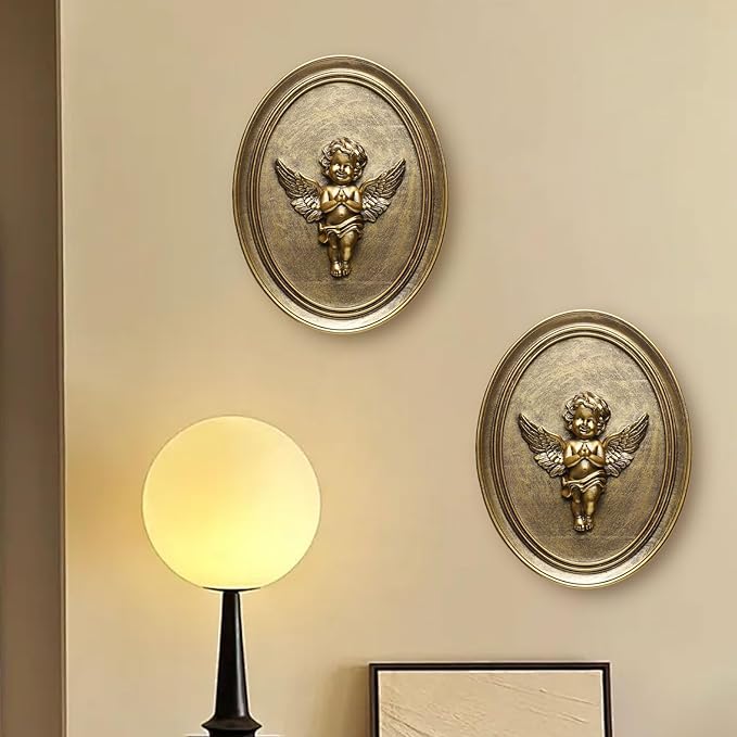Newinhome Vintage Cherub Wall Sculptures Set of 2 Antique Wall Decor Oval Aesthetic Room Decor Vintage Decoration for Living Room Hallway and Bedroom (Gold Cherubs)