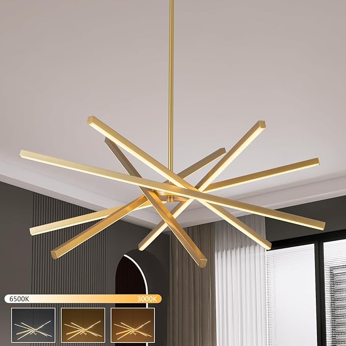 Modern Gold Chandelier Light Fixtures - LED 6-Lights Dining Room Linear Chandeliers Pendant Lights Fixture Over Table 3000K 4500K 6000K 3-Color Dimmable for Kitchen Island Living Room