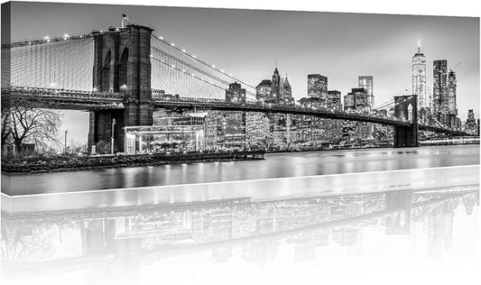 Canvas Wall Art Print New York Cityscape Wall Art for Bedroom Brooklyn Bridge Panorama Wall Decor Art Paintings City Reflection Modern Giclee Artwork for Office Home Decor Ready to Hang 12x46 Inch