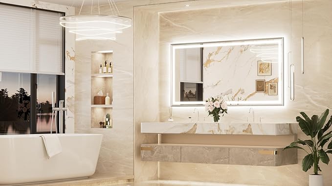 Keonjinn 72 x 36 Inch LED Mirror for Bathroom Large, Brushed Nickel Front & Back Lighted Bathroom Mirror, HD Tempered Glass, UL Listed LED Driver, Beveled Framed, 3 Color Lights, Dimmale, Anti-Fog