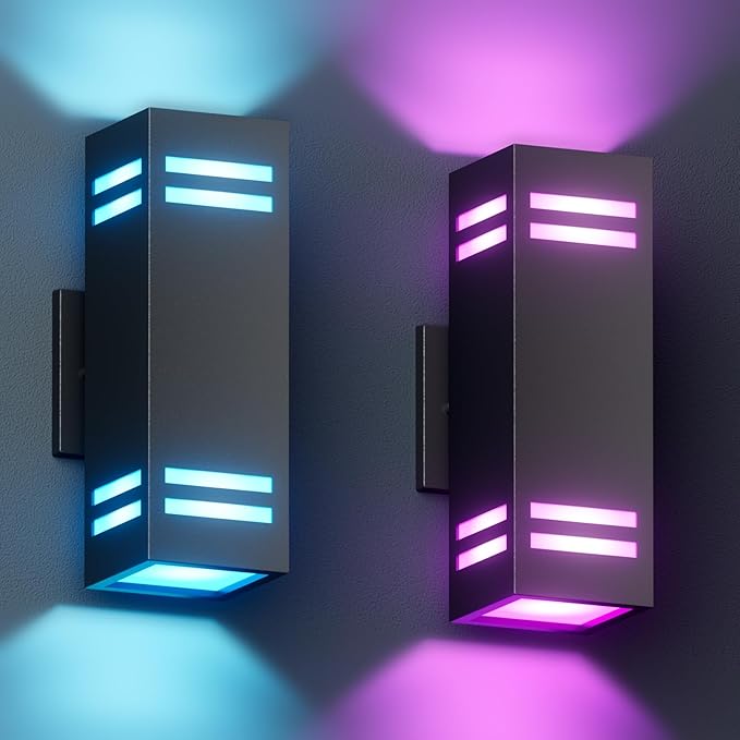 KIZON Modern Smart Porch Lights RGBCW, Dusk to Dawn Outdoor Lights Color Changing App Control with Remote, Dimmable WiFi Up and Down Lights Outdoor Sconce for House Theater Garage, ETL Listed, 2 Pack