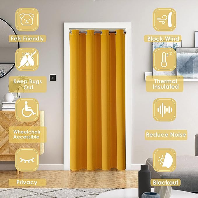 ChrisDowa Blackout Door Curtain for Doorway Privacy, Grommet Closet Curtain for bedroom closet door, Thermal Insulated Temporary Door Cover Room Divider Drapery (1 Panel, Mustard Yellow, 34 x 80 Inch)
