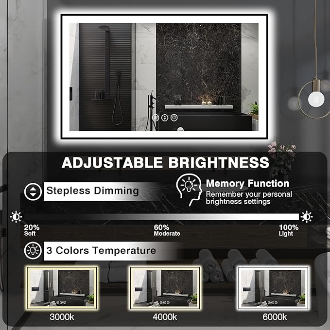 60x36 LED Bathroom Mirror - Black Aluminum Framed (Front and Backlit), Anti-Fog Smart Mirror, Stepless Dimmable, 3 Colors (Horizontal/Vertical)