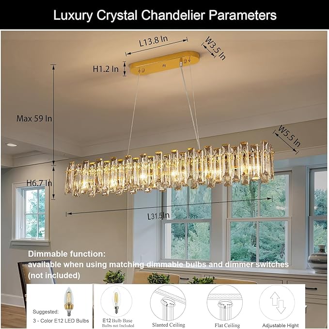 Modern Luxury Rectangular K9 Crystal Chandelier for Dining Room Living Room Kitchen Island Entryway Foyer L31.5 Easy Install Adjustable Hight 5-Light Ceiling Hanging Light Fixture Gold