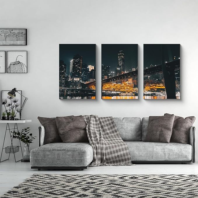 NAN Wind 3PCS Chongqing City Nightscape Canvas Wall Art Illuminated Chinese Skyline with Bridge Skyscrapers Modern Urban Landscape Photography Print for Living Room Office Bedroom Decor