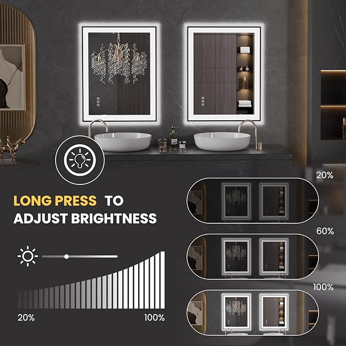 LOAAO 24"X36" LED Bathroom Mirror Black Framed, Anti-Fog, Dimmable, Lighted Bathroom Vanity Mirror for Wall, Memory Function, Tempered Glass