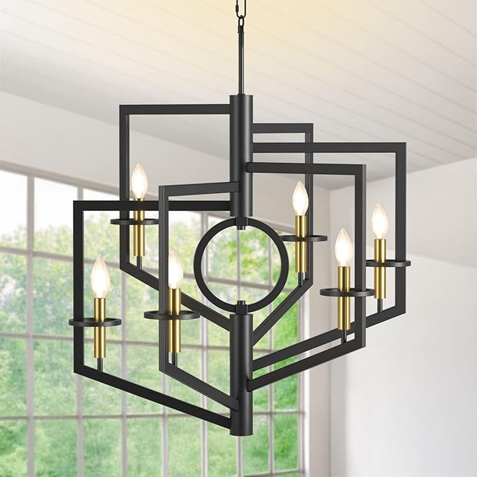 Black and Gold Chandelier, 6-Light Dining Room Light Fixture, Farmhouse Kitchen Island Lighting, Modern Foyer Lighting Fixtures, Foyer Chandeliers for High Ceilings, for Staircase, Entryway