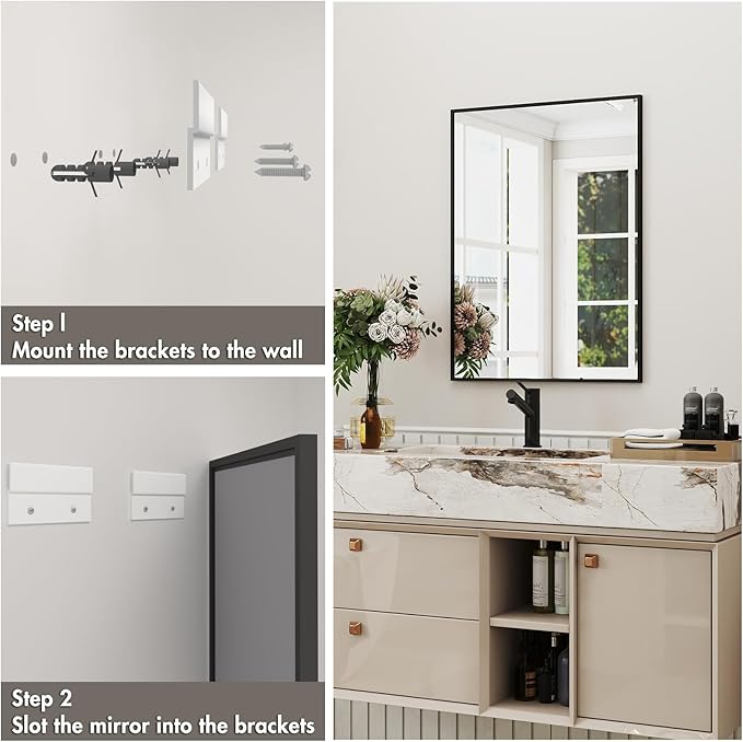 Matte Black Framed Bathroom Mirror, 55x30 Inch Rectangular Vanity Mirror, Large Rectangle Wall Mirror, Anti-Rust, Tempered Glass, Shatter-Proof, Easy to Install Vertically or Horizontally