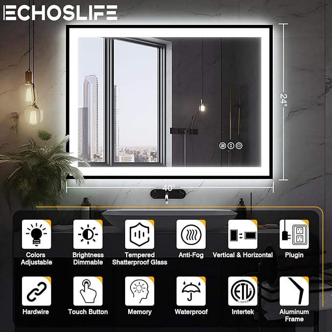 40x24 LED Bathroom Mirror - Black Aluminum Framed, Front and Backlit, Anti-Fog, Stepless Dimmable Lighted, 3 Colors Smart Vanity Mirror (Horizontal/Vertical)