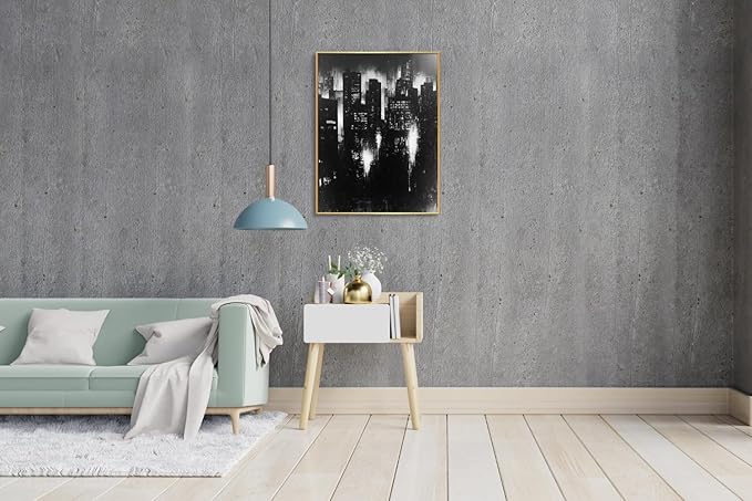 Abstract Cityscape Wall Art, Modern Urban Night Skyline Canvas Painting, Contemporary Expressionist City Decor (Gold, 29" W x 39" L / 75x100cm, Framed)