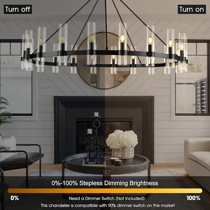 Black Wagon Wheel Chandelier, 60 Inch Chandeliers with Glass Shade, 20-Light Large Chandelier for High Ceiling, Modern Farmhouse Chandeliers for Living Room, Dining Room, and Entryway(Bulbs Included)