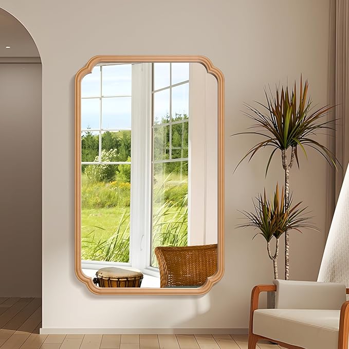 30"x48" Wood Bathroom Mirror for Wall, Large Wood Bathroom Vanity Mirror, Rounded Rectangle Mirror in Wooden Frame Hangs Horizontal Or Vertical