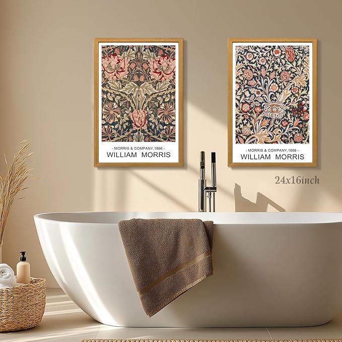 LLEEMPI William Morris Wall Art Set of 3, Vintage Botanical Wall Decor, Rustic Farmhouse Canvas Painting, Classic Minimalist Poster Prints for Bedroom Bathroom Office Wood Framed 16x24 Inch