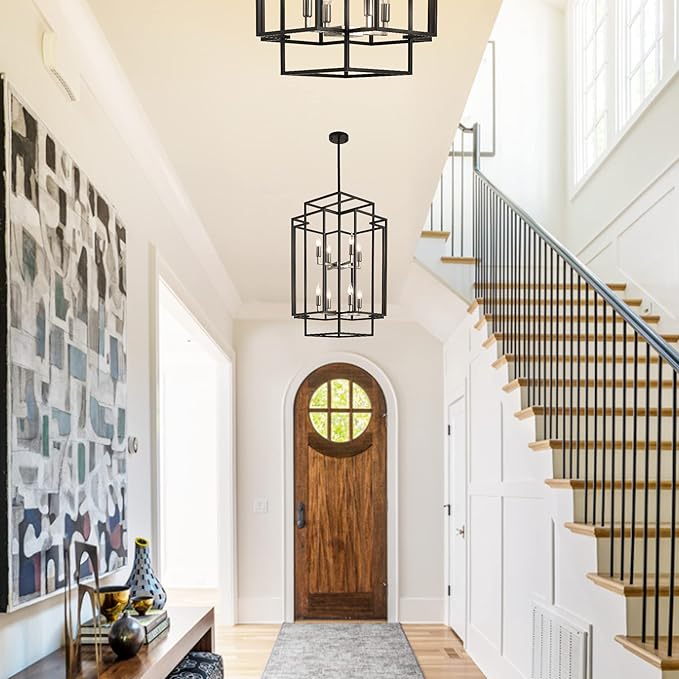 31.5" Farmhouse Chandelier, 8-Light Black & Silver Lantern Pendant Light, Modern Foyer Lighting Fixtures, Entryway Chandeliers for High Ceilings, for Living Room,Staircase,Hallway