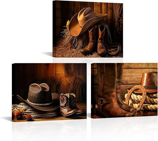 LyerArtork 3 Pieces Western Cowboy Decor Canvas Wall Art Straw Hat Boot Roper Vintage Pictures Brown Prints West Farmhouse Artwork Wall Decor for Living Room Bedroom 12"x16"x3pcs