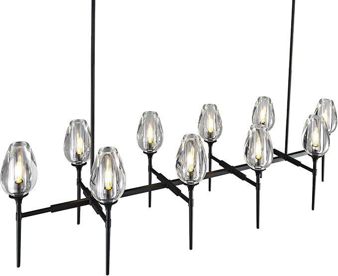 Modern Crystal Chandelier 10 Lights Black, 65in Tulip Black Rectangle K9 Crystal Chandeliers, Pendant Ceiling Light for Dining Living Room Bedroom Entryway, E12 Bulbs Included