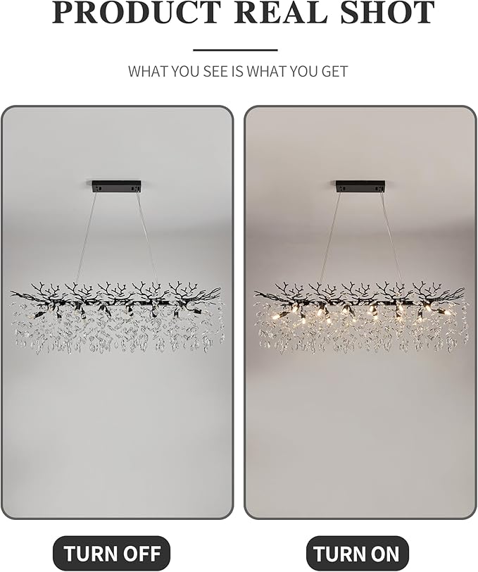 Modern Black Crystal Chandeliers for Living Room, Tree Branch Chandelier 14 Lights Rectangular 47.2" Hanging Pendant Light Fixture for Kitchen Island Dining Room Foyer Entryway