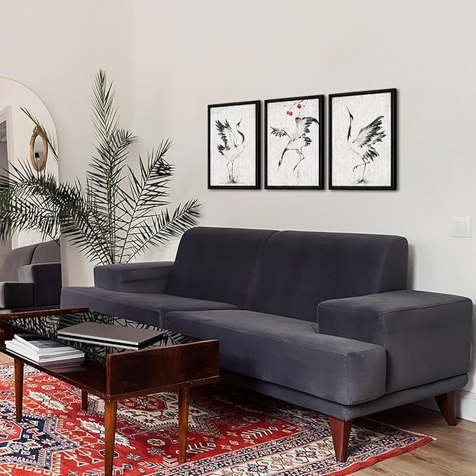 KREATIVE ARTS Black and White Chinoiserie Wall Art Set of 3 White Crane and Persimmon Tree Chinese Painting on Canvas with Frame for Bedroom Living Room Minimalist Oriental Decor Each 16x24 Inch