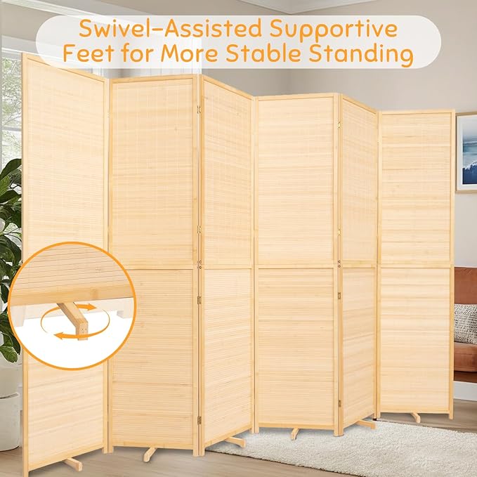 Bamboo Room Divider Folding Privacy Screens, Wall Divider for Room Separation, Portable Room Partitions and Dividers, 5.6FT Bamboo Mesh Woven Room Divider Panel (Beige, 6 Panel)