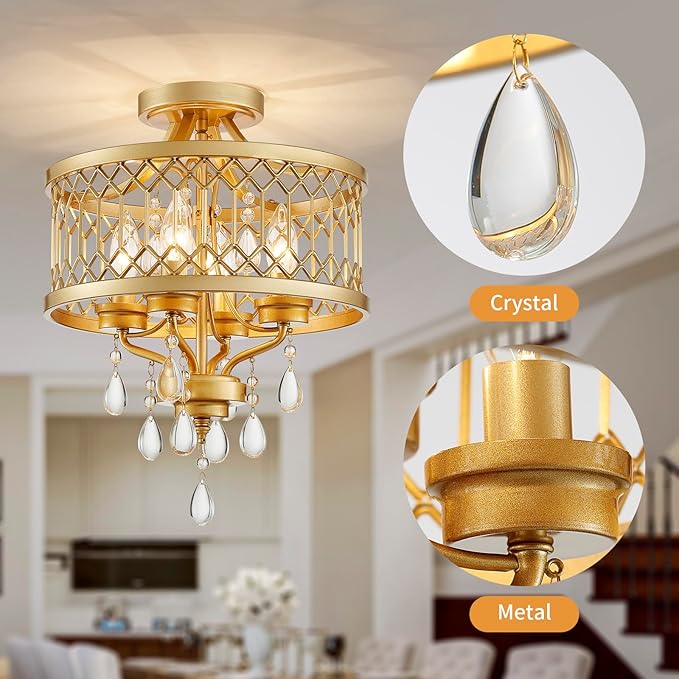 Crystal Ceiling Light Fixture, Farmhouse Semi Flush Mount Ceiling Light, Gold Crystal Chandeliers for Dining Room Light Fixture, Hallway Lighting Fixtures for Kitchen Bedroom Bathroom Foyer Entryway