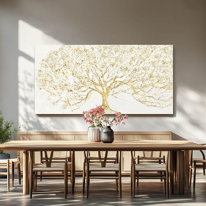 Big Gold Tree Wall Prints Framed Canvas Picture Neutral Wall Decor 29"x58" White and Gold Abstract Wall Art for Living Room Bedroom Dining Room